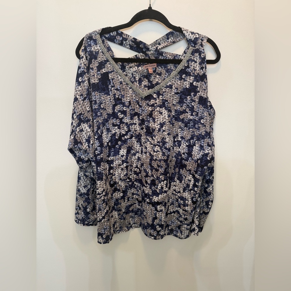 Juicy Couture Navy Sequence Print Blouse with Silver Bling Trim - Size L